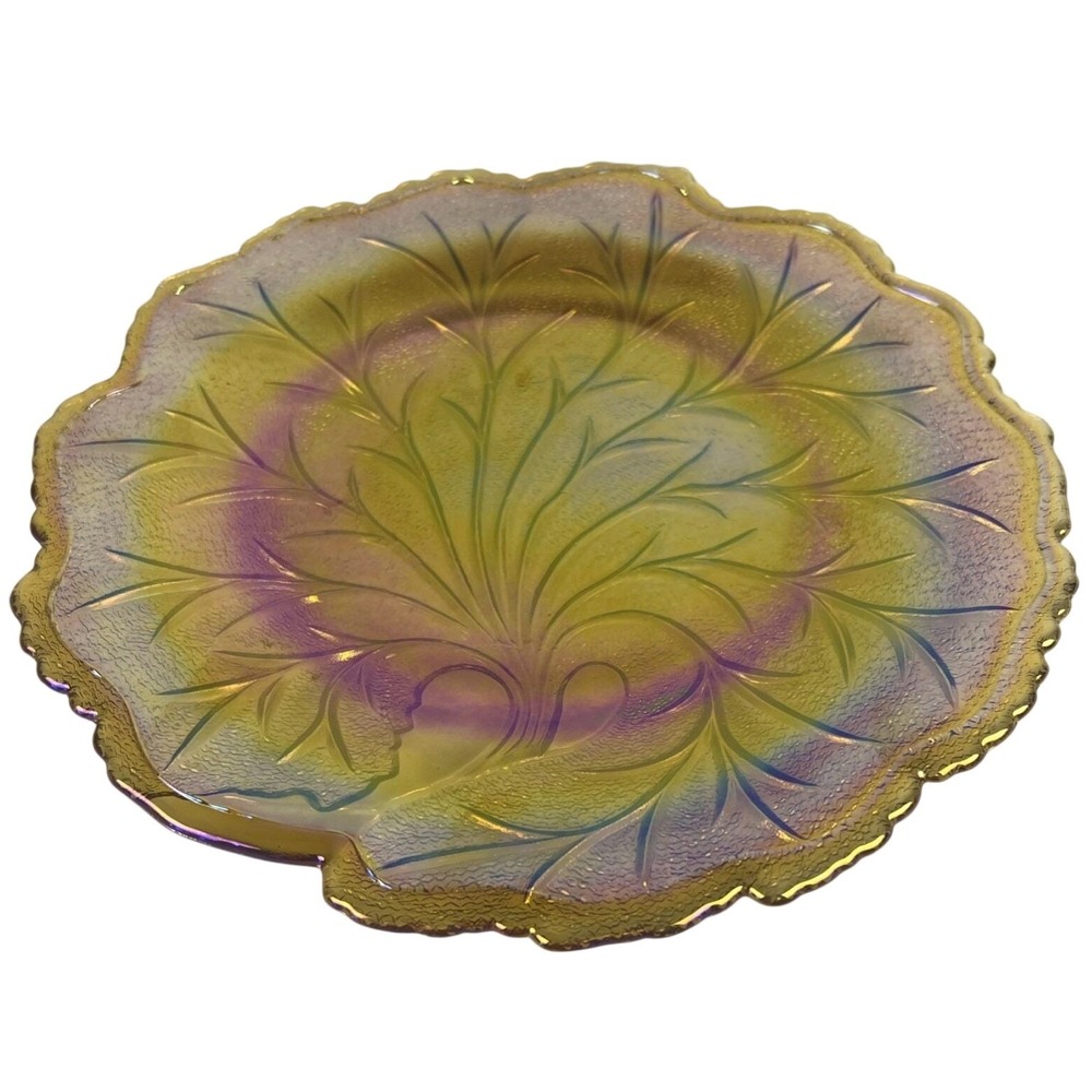 Indiana Glass Carnival Pebble Leaf "Tree Of Life" Iridescent Marigold‎